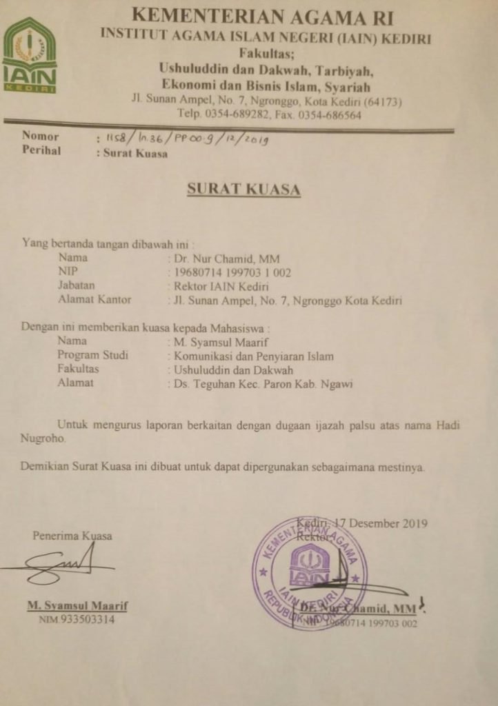 Mahasiswa IAIN Kediri Serahkan Surat Kuasa dari Rektor terkait dugaan pemalsuan ijazah