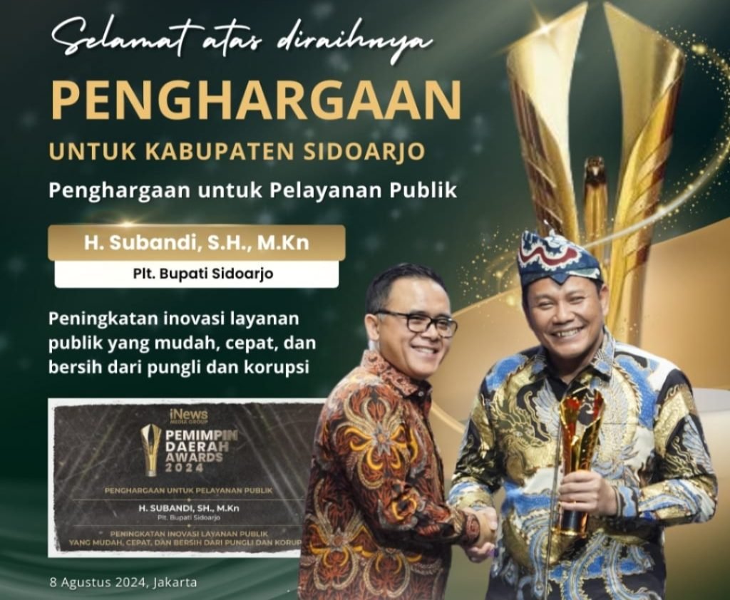 Tingkat Inovasi Pelayanan Publik, Pemkab Sidoarjo Terima Penghargaan Pimpinan Daerah Award 2024